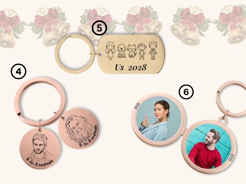 Engraved and photo keyrings — personalized couple and family designs, perfect custom gift ideas.